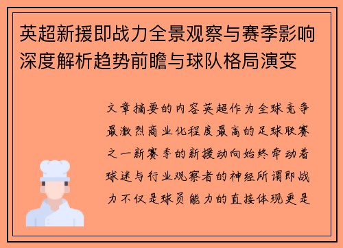 英超新援即战力全景观察与赛季影响深度解析趋势前瞻与球队格局演变 英超新援即战力全景观察与赛季影响深度解析趋势前瞻与球队格局演变